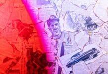 Kolaż starych gazet i ilustracji oświetlony intensywnym czerwonym światłem