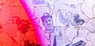 Kolaż starych gazet i ilustracji oświetlony intensywnym czerwonym światłem